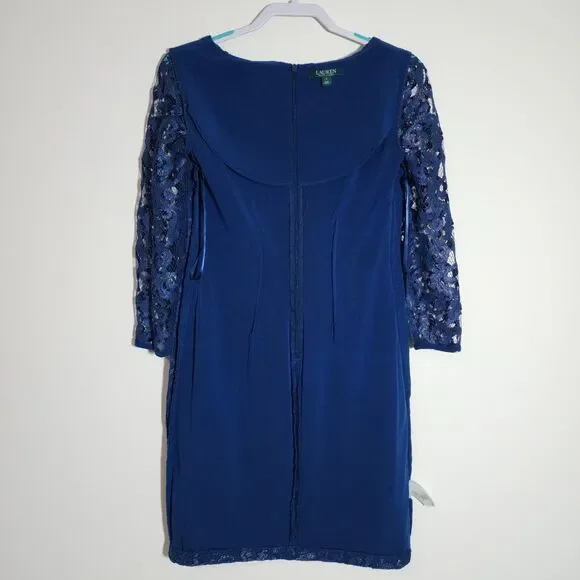 Lauren Ralph Lauren Womens Lace Sheath Dress Size 4 Blue V-Neck Holiday Party - Picture 4 of 9